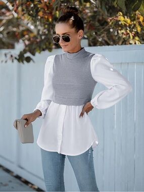 NEW Mixed Media Long Sleeve 2-fer Layered Look Top Shirt  Medium White Grey NWOT
